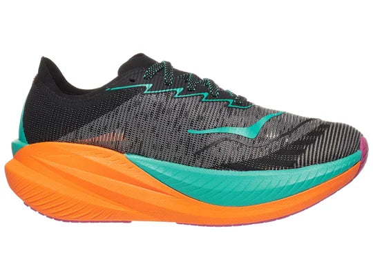 Women's Hoka Mach X2. Black upper. Orange midsole. Medial view.