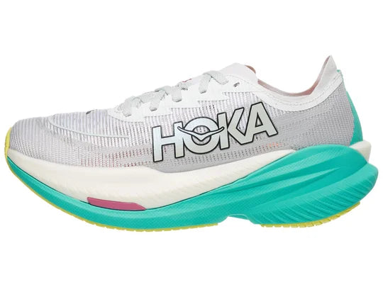 Women's Hoka Mach X2. White upper. Blue midsole. Lateral view.