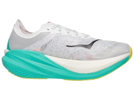 Women's Hoka Mach X2. White upper. Blue midsole. Medial view.