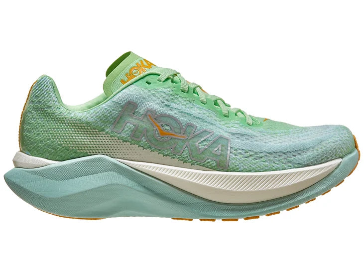 Women's Hoka Mach X. Green upper. Green/White midsole. Lateral view.