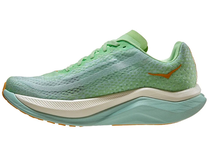 Women's Hoka Mach X. Green upper. Green/White midsole. Medial view.