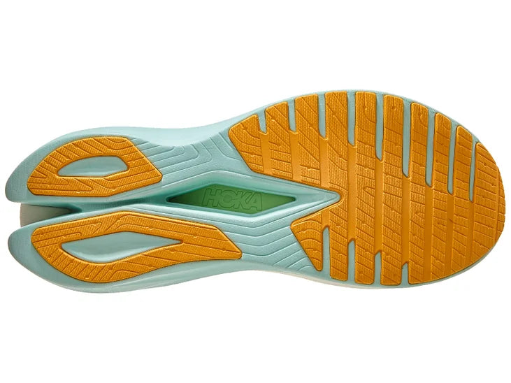 Women's Hoka Mach X. Green upper. Green/White midsole. Bottom view.