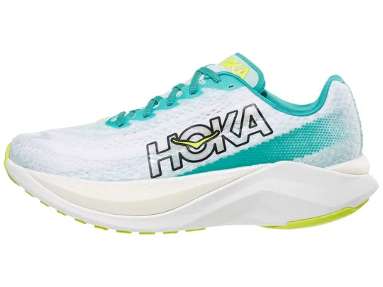 Women's Hoka Mach X. White upper. White midsole. Lateral view.