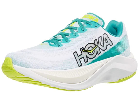 Women's Hoka Mach X. White upper. White midsole. Lateral view.