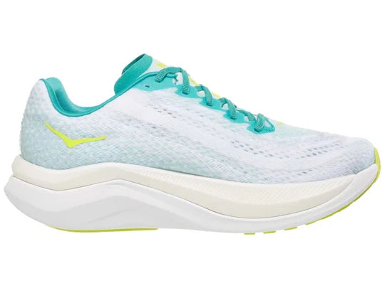 Women's Hoka Mach X. White upper. White midsole. Medial view.