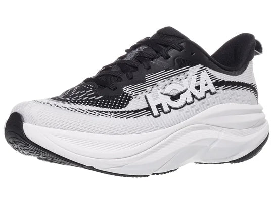 Women's Hoka Skyflow. Black/White upper. White midsole. Lateral view.