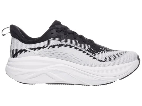 Women's Hoka Skyflow. Black/White upper. White midsole. Medial view.