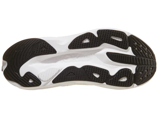 Women's Hoka Skyflow. Black/White upper. White midsole. Bottom view.