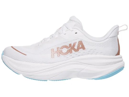 Women's Hoka Skyflow. White upper. White midsole. Lateral view.