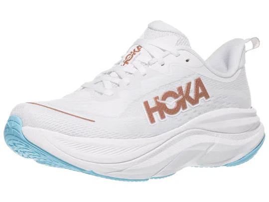 Women's Hoka Skyflow. White upper. White midsole. Lateral view.