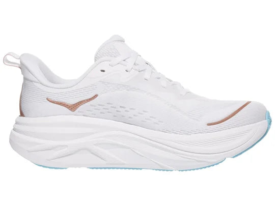 Women's Hoka Skyflow. White upper. White midsole. Medial view.