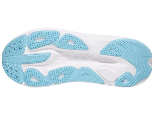 Women's Hoka Skyflow. White upper. White midsole. Bottom view.