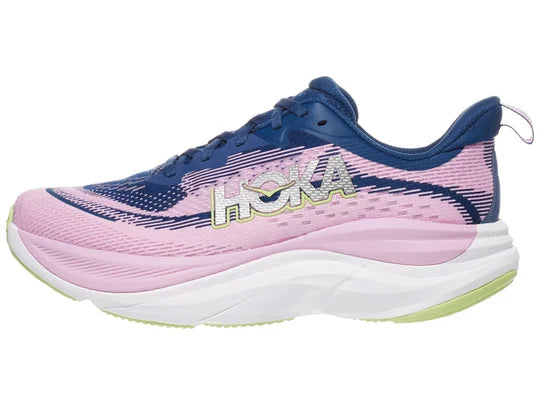 Women's Hoka Skyflow. Pink upper. White midsole. Lateral view.