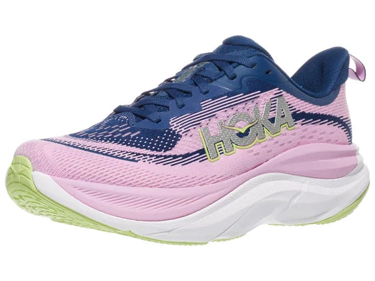 Women's Hoka Skyflow. Pink upper. White midsole. Lateral view.