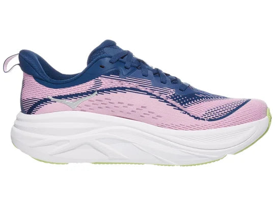 Women's Hoka Skyflow. Pink upper. White midsole. Medial view.