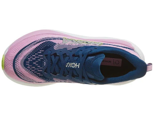 Women's Hoka Skyflow. Pink upper. White midsole. Top view.