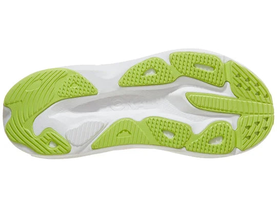 Women's Hoka Skyflow. Pink upper. White midsole. Bottom view.