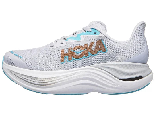 Women's Hoka Skyward X. Grey upper. Grey midsole. Lateral view.