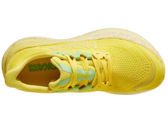 Women's Hoka Skyward X. Yellow upper. Speckled midsole. Top view.