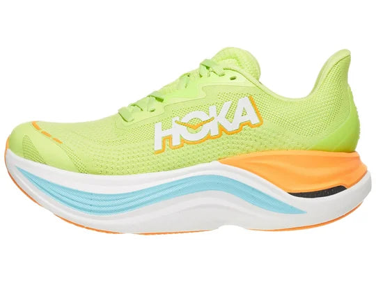 Women's Hoka Skyward X. Yellow upper. White midsole. Lateral view.