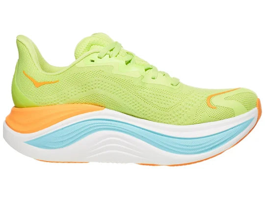 Women's Hoka Skyward X. Yellow upper. White midsole. Medial view.