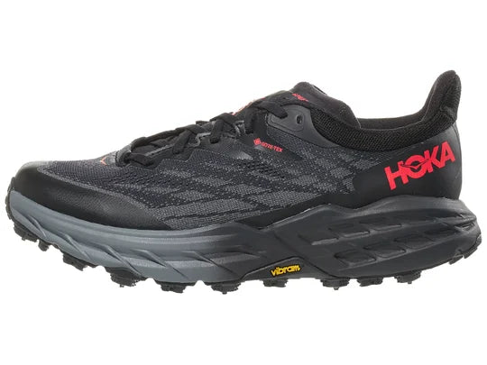 Women's Hoka Speedgoat 5 GTX Ice. Black upper. Black midsole. Lateral view.