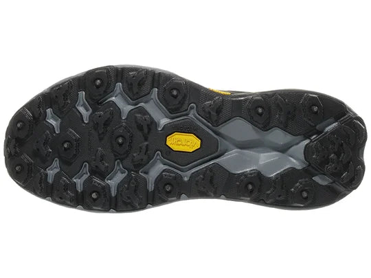 Women's Hoka Speedgoat 5 GTX Ice. Black upper. Black midsole. Bottom view.