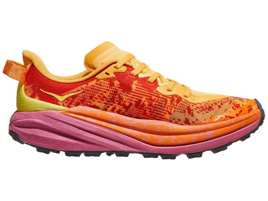 Women's Hoka Speedgoat 6. Red upper. Red/Purple midsole. Medial view.