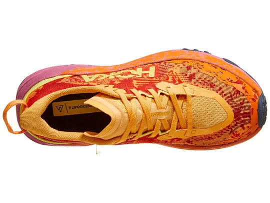 Women's Hoka Speedgoat 6. Red upper. Red/Purple midsole. Top view.