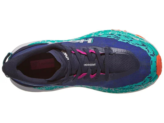 Women's Hoka Speedgoat 6. Blue upper. Grey midsole. Top view.