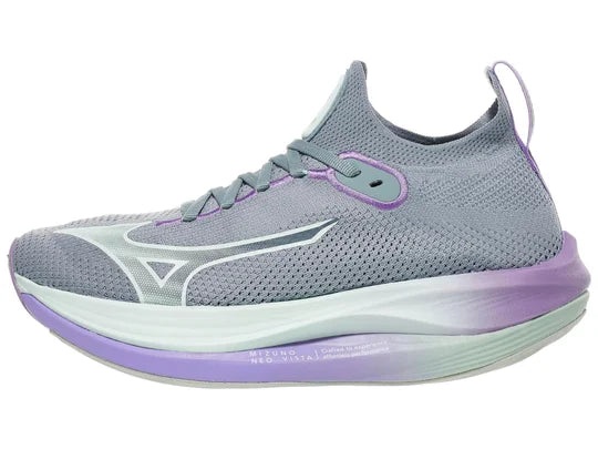 Women's Mizuno Neo Vista. Grey upper. Multicolored midsole. Lateral view.