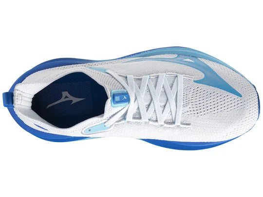 Women's Mizuno Neo Vista. White upper. Blue midsole. Top view.