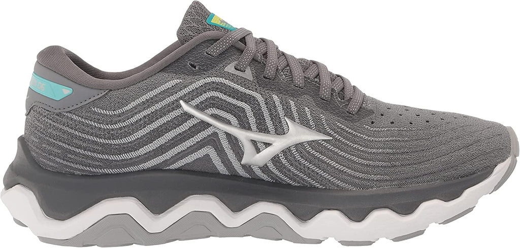 Women's Mizuno Wave Horizon 6. Grey upper. White midsole. Medial view.