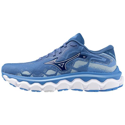 Women's Mizuno Wave Horizon 7. Blue upper. White midsole. Lateral view.