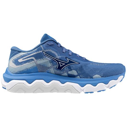 Women's Mizuno Wave Horizon 7. Blue upper. White midsole. Medial view.