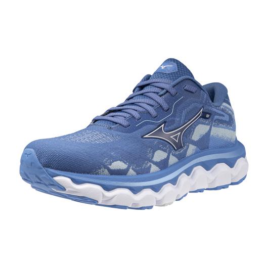 Women's Mizuno Wave Horizon 7. Blue upper. White midsole. Lateral view.