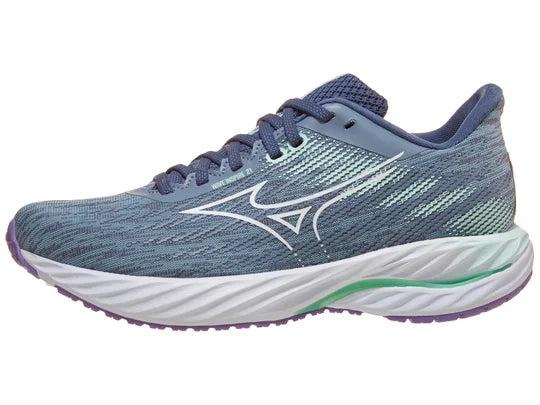 Women's Mizuno Wave Inspire 21. Green/Grey upper. White midsole. Lateral view.