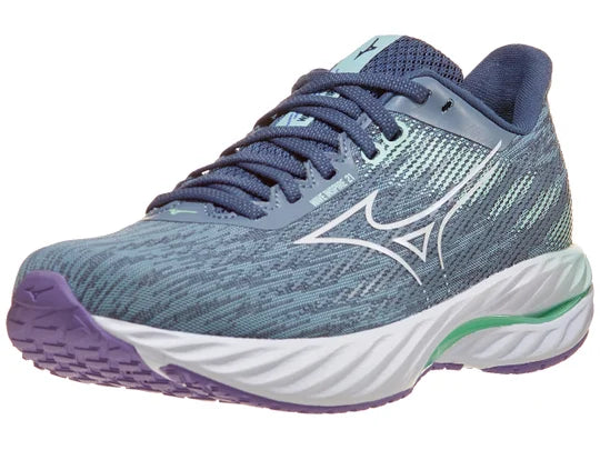 Women's Mizuno Wave Inspire 21. Green/Grey upper. White midsole. Lateral view.