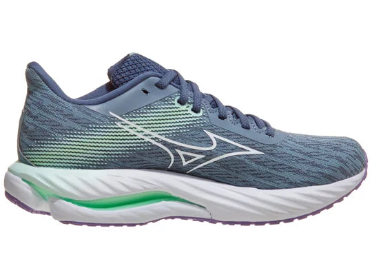 Women's Mizuno Wave Inspire 21. Green/Grey upper. White midsole. Medial view.