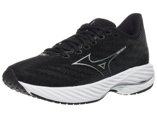 Women's Mizuno Wave Rider 28. Black upper. White midsole. Lateral view.