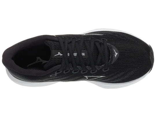 Women's Mizuno Wave Rider 28. Black upper. White midsole. Top view.