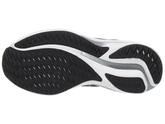 Women's Mizuno Wave Rider 28. Black upper. White midsole. Bottom view.