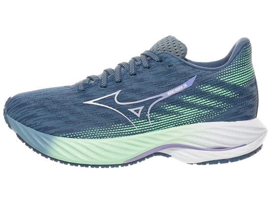 Women's Mizuno Wave Rider 28. Blue upper. Green/White midsole. Lateral view.