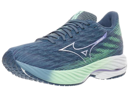 Women's Mizuno Wave Rider 28. Blue upper. Green/White midsole. Lateral view.