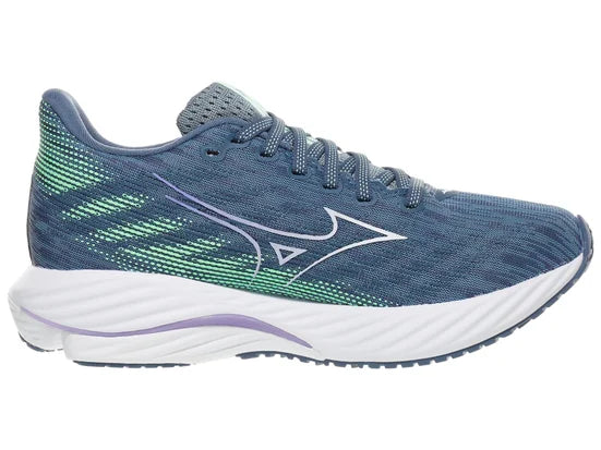 Women's Mizuno Wave Rider 28. Blue upper. Green/White midsole. Medial view.