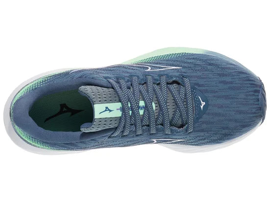 Women's Mizuno Wave Rider 28. Blue upper. Green/White midsole. Top view.