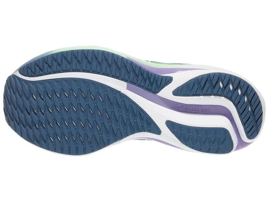 Women's Mizuno Wave Rider 28. Blue upper. Green/White midsole. Bottom view.