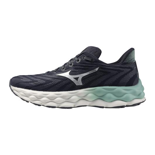 Women's Mizuno Wave Sky 8. Dark Grey upper. White midsole. Lateral view.