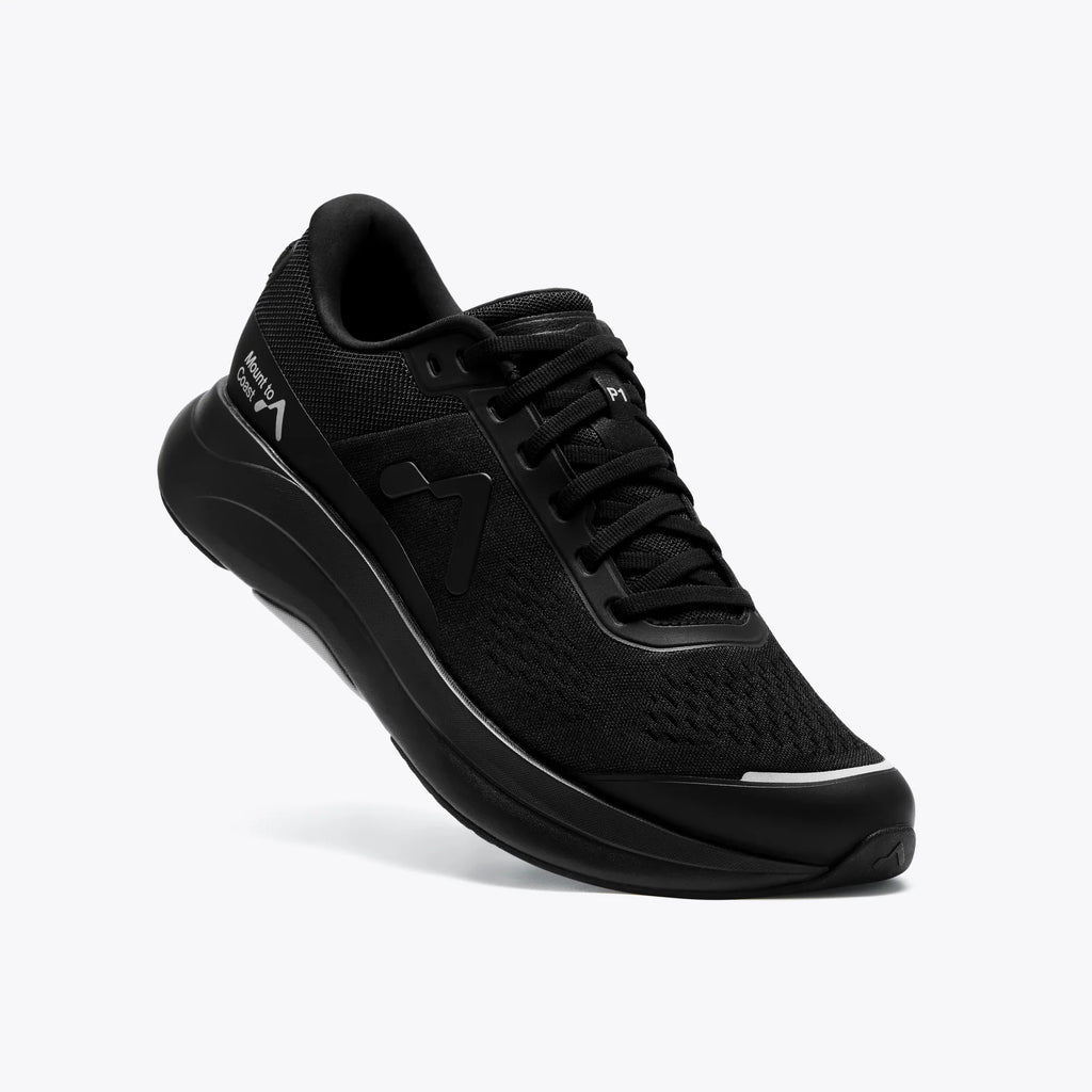Women's Mount to Coast P1. Black upper. Black midsole. Lateral view.