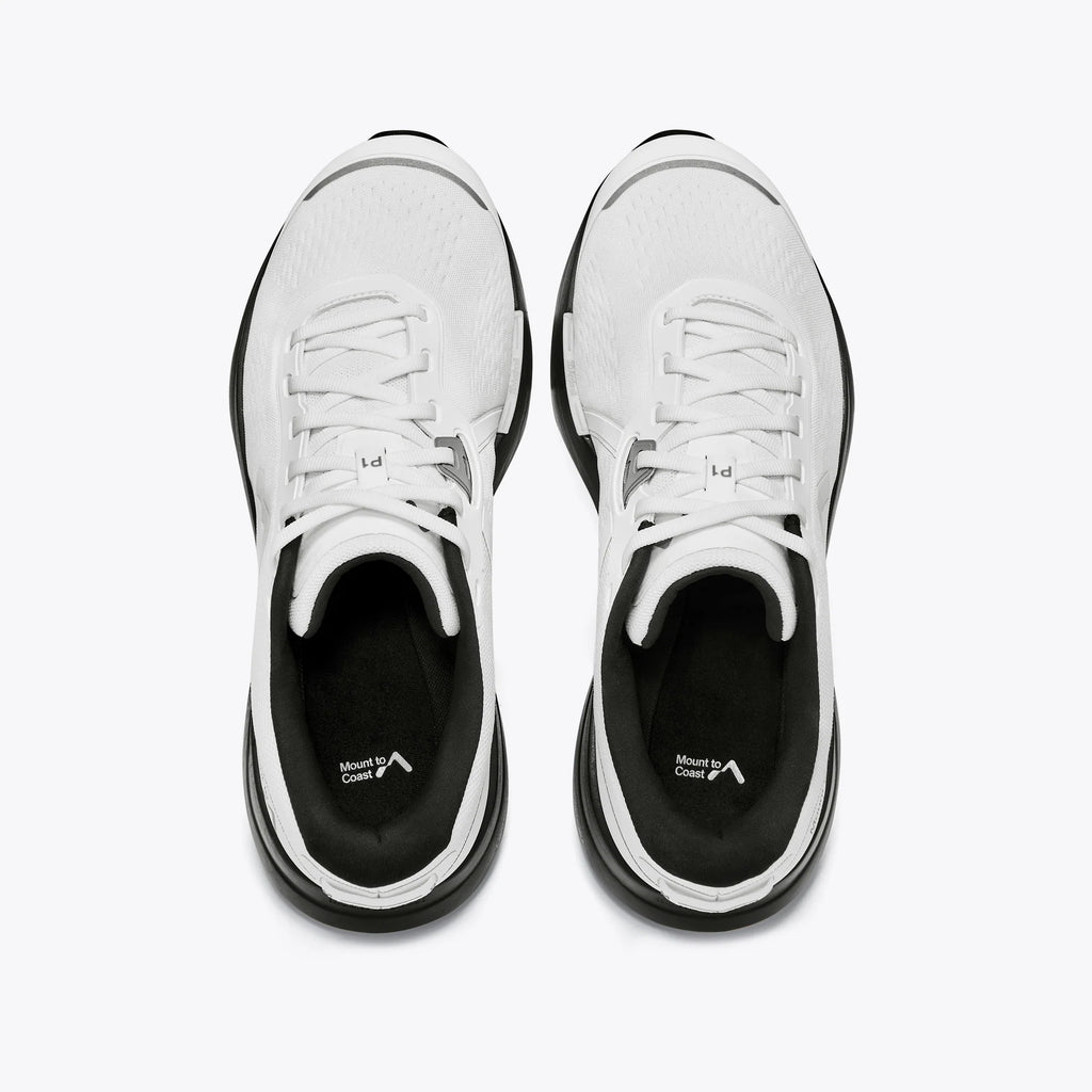 Women's Mount to Coast P1. White upper. Black midsole. Top view.